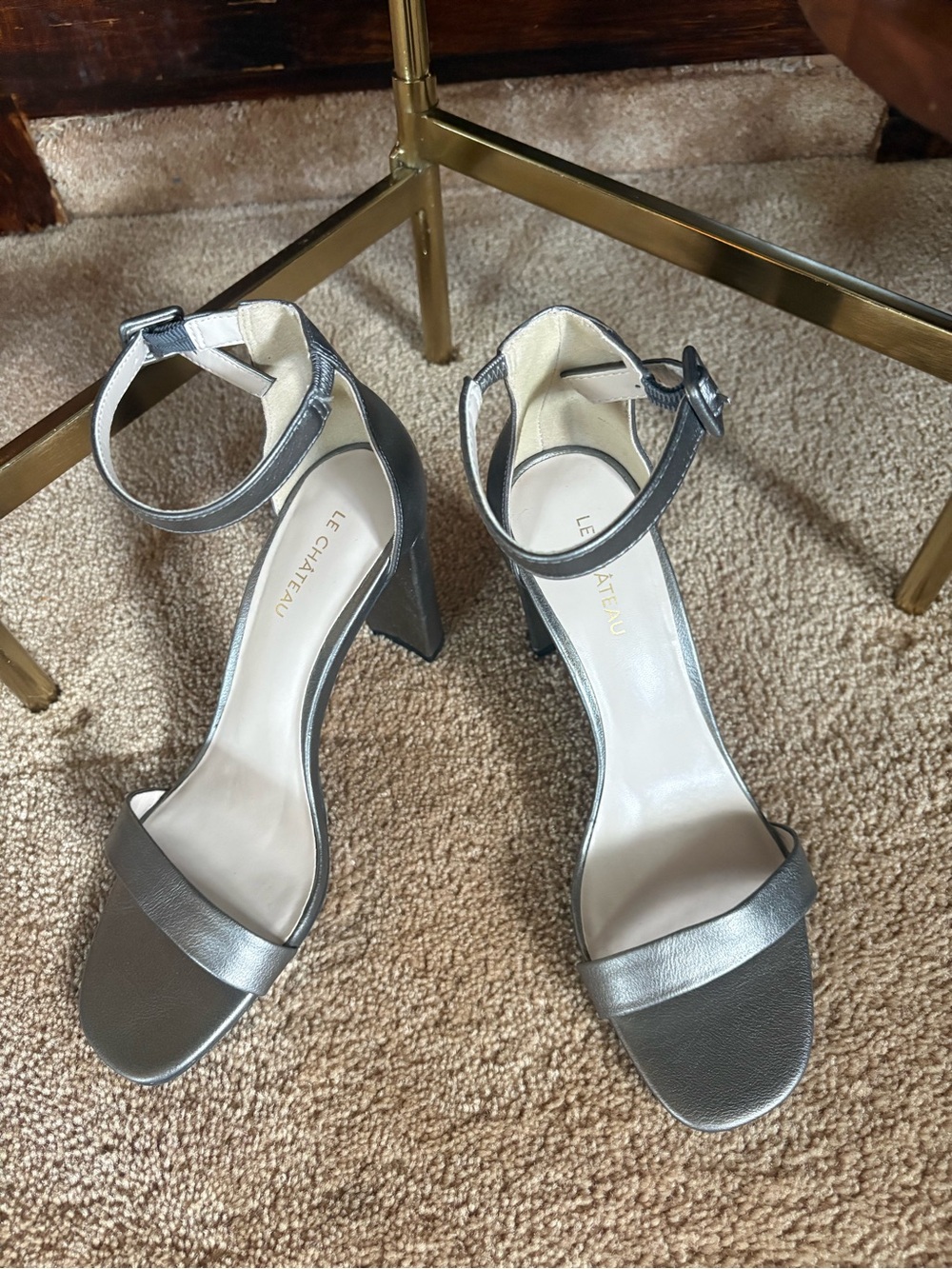 le chateau Silver Metallic Ankle-Strap Block Heels